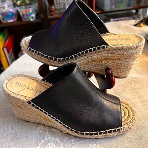 SOLE SOCIETY' BLACK LEATHER WEDGE SANDALS - 7.5 M - WEDGE; VERY LITTLE WEAR